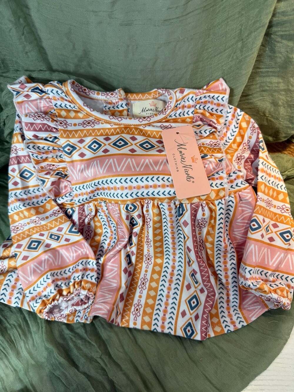 Marie Nicole Clothing MNC x Basics Tribal Print Ruffle Long Sleeve Peplum Top
